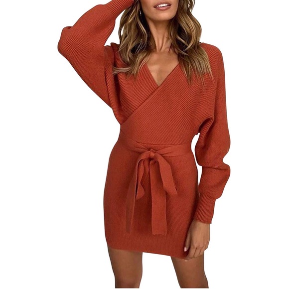 V Neck Wrap Knit Long Sleeve Casual Sweater Dress - Picture 2 of 7